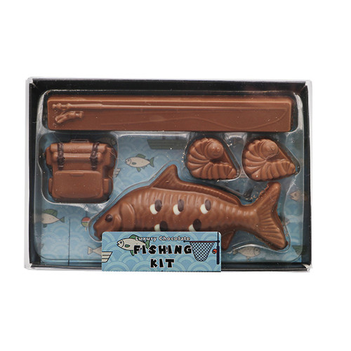 Gwynedd Confectioners Fishing Kit milk chocolate gift set featuring novelty chocolate fishing accessories including a fish, fishing rod, tackle box and shell-shaped chocolates, ideal as a fun gift for anglers, Father's Day and birthdays.
