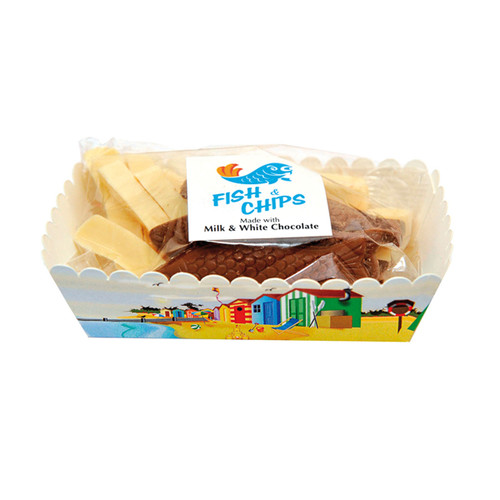 Gwynedd Confectioners Chocolate Fish & Chips novelty gift featuring milk chocolate fish and white chocolate chips in a seaside-style tray, perfect as a fun British chocolate gift, stocking filler, birthday treat or seaside souvenir.
