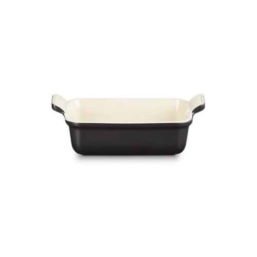 Rectangular stoneware baking dish in a satin black finish with integrated side handles, shown from the front.