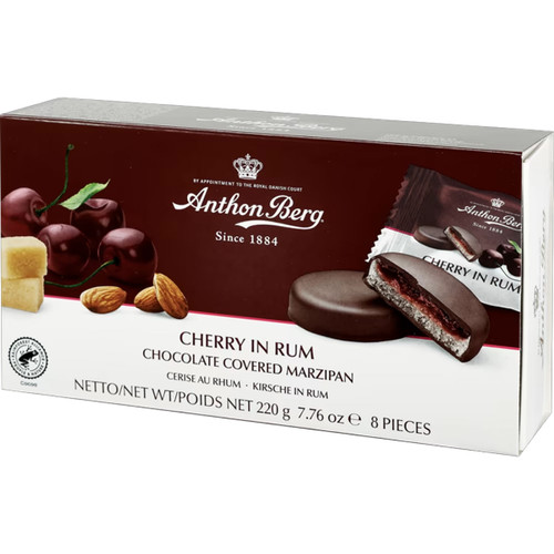 Anthon Berg Cherry in Rum Chocolate Covered Marzipan with rich cherry and rum filling, coated in premium dark chocolate, 8-piece luxury confectionery gift box.