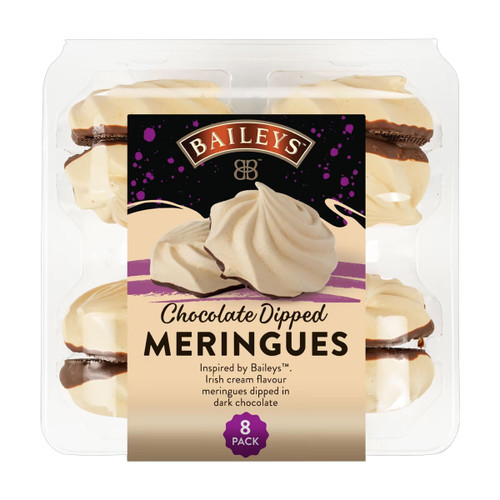 Baileys Chocolate Dipped Meringues with Irish cream flavour and dark chocolate coating, 8-pack light and crisp sweet treats perfect for gifting or festive desserts.