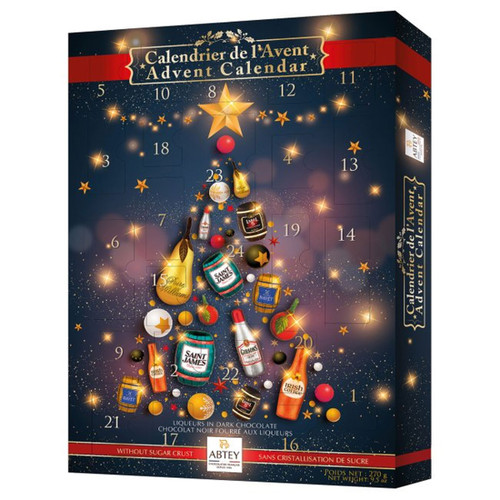 Abtey Dark Chocolate Liqueurs Advent Calendar with 24 assorted liqueur-filled chocolates, offering a luxurious Christmas countdown with festive bottle-shaped chocolates.