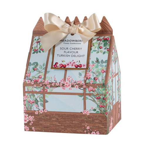 Meadowbrook Sour Cherry Turkish Delight gift box in a decorative greenhouse presentation with a satin ribbon, featuring traditional sour cherry flavoured Turkish delight, perfect for gifting or sharing.