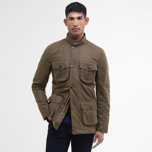 Barbour Corbridge men's beech wax jacket with a stand collar, four utility pockets, concealed zip and press stud fastening.