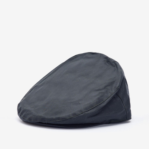 Barbour men's navy wax flat cap with a classic heritage silhouette, weather-resistant waxed cotton finish and timeless country style.