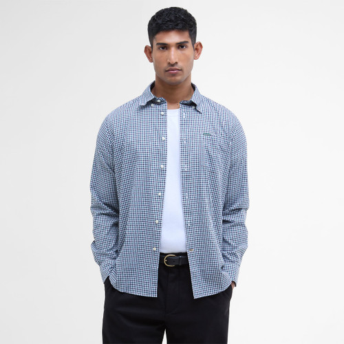 Barbour Padshaw men's green gingham check shirt with a button-down collar, long sleeves and classic smart casual styling.