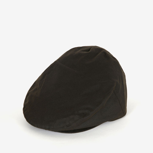 Barbour men's olive wax flat cap with a classic heritage silhouette, weather-resistant waxed cotton finish and timeless country style.