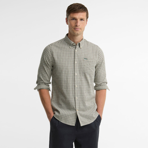 Barbour Padshaw men's olive gingham check shirt with a button-down collar, long sleeves and classic smart casual styling.