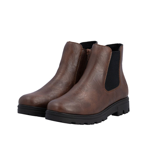 Pair of chestnut brown Chelsea ankle boots with rounded toes, inside zip fastening, black elastic side panels and chunky tread soles.