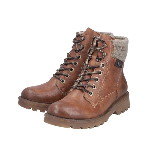 Pair of Rieker tan lace-up ankle boots with cosy knitted collar, warm lining and rugged cleated sole.