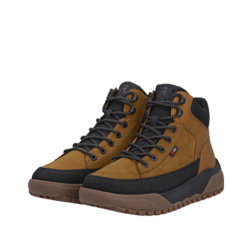 Pair of Rieker men's butterscotch waterproof lace-up ankle boots with R-TEX membrane, rugged tread sole and padded collar.