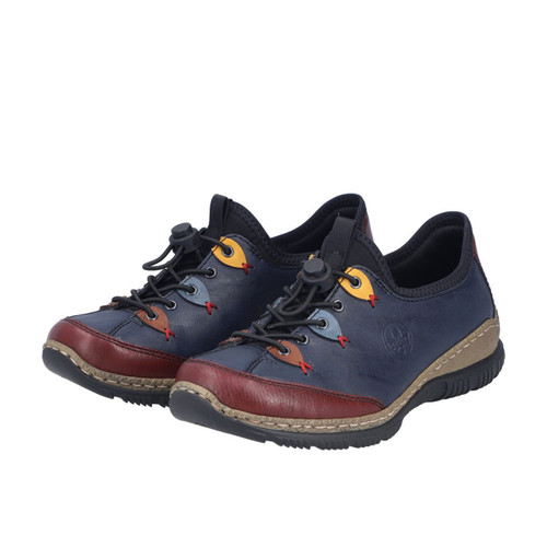 Pair of Rieker women's navy leather lace-up shoes with burgundy toe cap, elastic toggle fastening, lightweight comfort sole and colourful eyelet accents.