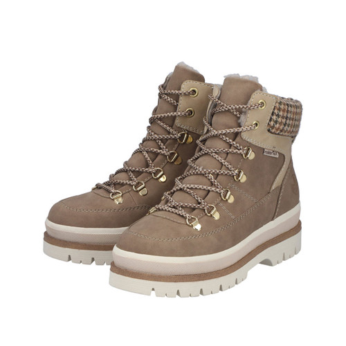 Pair of Rieker women's beige lace-up ankle boots with cosy faux fur lining, houndstooth padded collar, chunky platform sole and RiekerTex water-resistant finish.