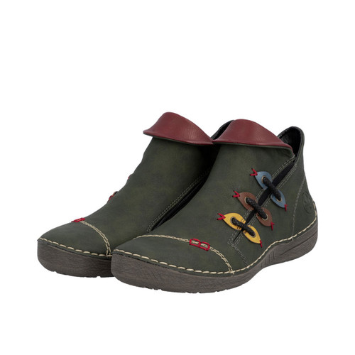 Pair of Rieker women's forest green slip-on ankle boots with side zip, decorative lace detail, contrast stitching and cushioned sole.