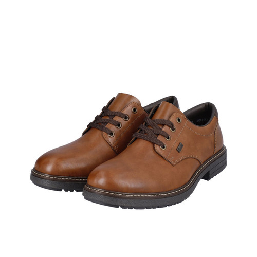 Pair of Rieker men's tan lace-up shoes with a classic Derby design, smooth leather-look finish and lightweight cushioned sole.