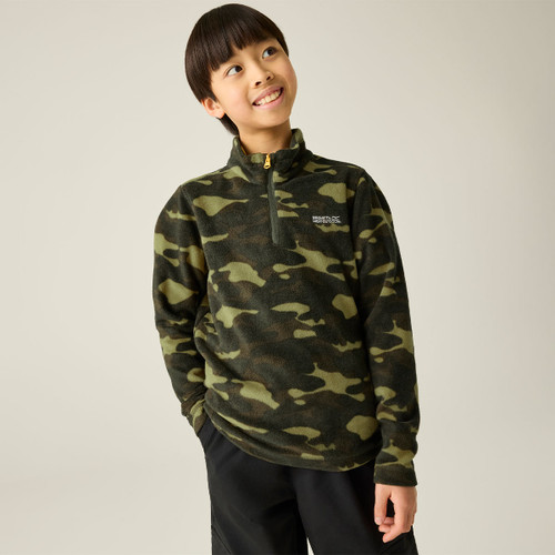 Child wearing a dark khaki camouflage half-zip fleece with Regatta Outdoors logo.