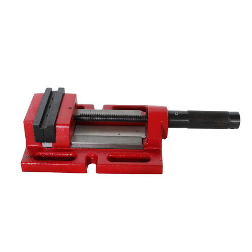 Heavy-duty drill press vice with cast iron body, hardened steel jaws and precision screw mechanism, designed for securely clamping workpieces during drilling and machining, isolated on a white background.