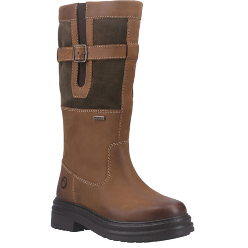 Tan and olive waterproof leather knee-high country boot with adjustable buckle strap, elastic gusset and durable cleated sole.