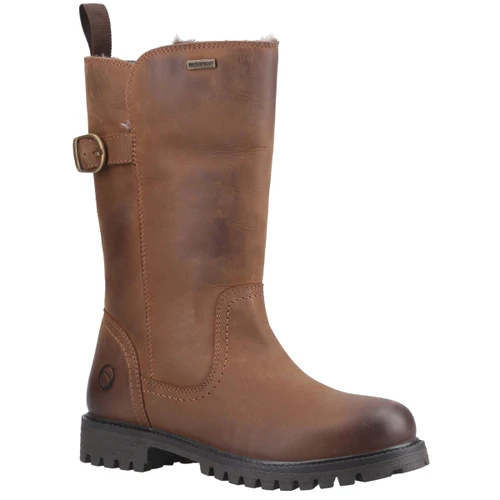 Women's tall waterproof leather country boot in tan with faux fur lining, adjustable buckle strap, pull tab and rugged cleated sole.