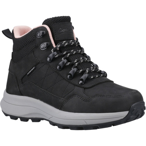 Women's black waterproof mid walking boots with lace-up fastening, cushioned grey midsole and rugged black outsole for hiking and outdoor adventures.
