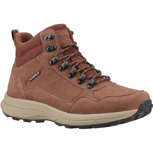 Women's brown waterproof mid walking boots with lace-up fastening, padded ankle collar and rugged all-terrain outsole for hiking.