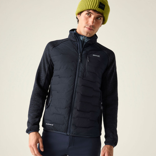 Model wearing the Regatta men's Cyrus Hybrid jacket in Navy/Dusky Blue with a lime green beanie.