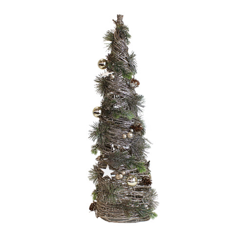Glitter twig cone Christmas tree decoration with faux pine foliage, pinecones, stars and champagne baubles for elegant festive home décor.