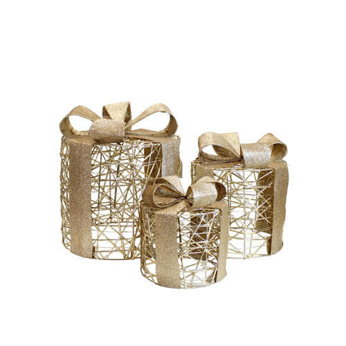 Set of three gold wireframe Christmas present decorations with glitter ribbon bows, ideal for festive indoor displays, mantelpieces and seasonal home décor.