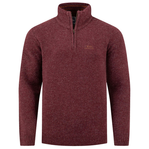 Men's burgundy marl knitted jumper with a quarter zip fastening, ribbed funnel neck, long sleeves, ribbed cuffs and hem, and embroidered chest logo.