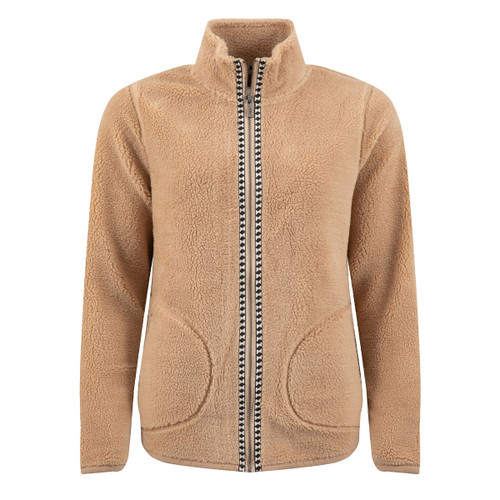 Front product image of the women's beige borg fleece jacket, featuring a full zip fastening, cosy stand collar, contrast patterned zip trim and two front patch pockets.