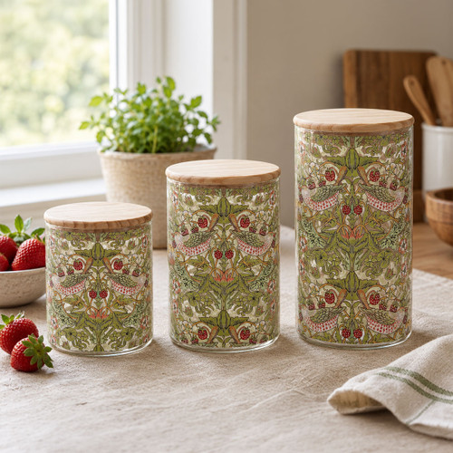 Set of three William Morris Strawberry Thief glass storage canisters with natural wooden lids in small, medium and large sizes. Featuring the iconic bird and strawberry design, ideal for storing tea, coffee, sugar and dry foods.