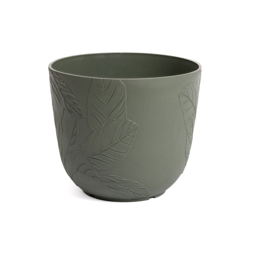 Balsam green round planter with an embossed leaf pattern, isolated on a white background.