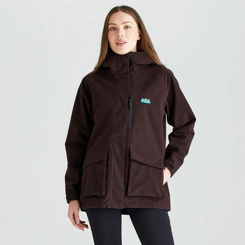 Front view of a women's deep bark waterproof jacket with a hood, high collar, full-length zip and large front cargo pockets.