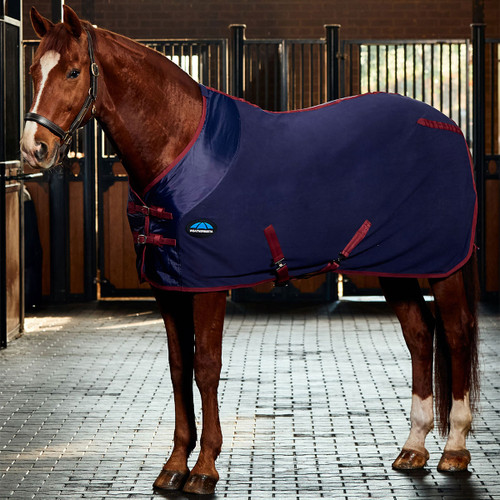 Chestnut horse wearing a navy fleece horse rug with burgundy trim, standing in a stable to showcase the full left-side fit and coverage.