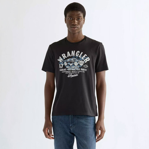 Front view of a Wrangler short-sleeve crew neck T-shirt in Black Beauty, featuring a vintage Americana graphic with a classic muscle car, Wrangler logo, and garage-inspired typography across the chest.