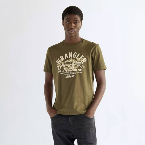 Front view of a Wrangler short-sleeve crew neck T-shirt in Olive Night, featuring a vintage Americana graphic with a classic muscle car, Wrangler logo, and garage-inspired typography across the chest.