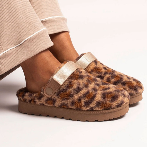 Pair of women's leopard print teddy fleece clogs with adjustable beige heel straps, cosy faux fur lining and supportive chunky non-slip soles.