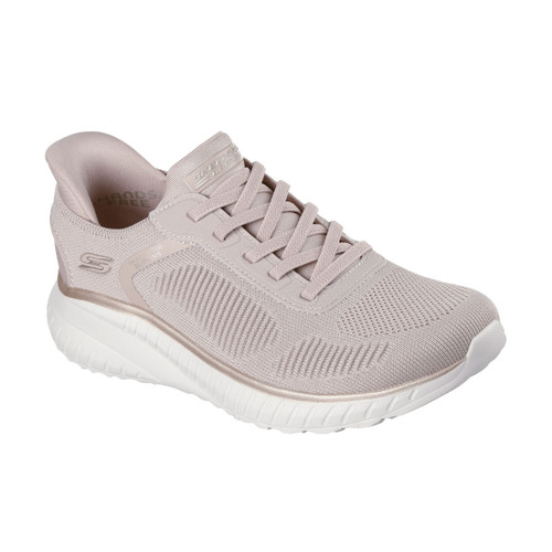 Natural beige Skechers BOBS Squad Slip-ins trainer with a knitted upper, matching laces, metallic trim and white cushioned sole, shown from a front three-quarter angle.