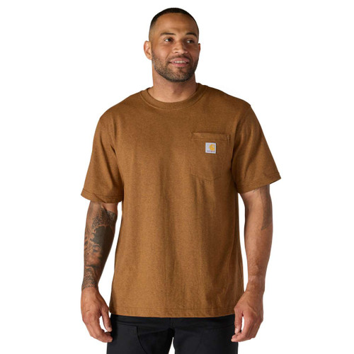 Brown Carhartt short-sleeve crew-neck T-shirt worn by a model, featuring a chest pocket with signature logo patch.