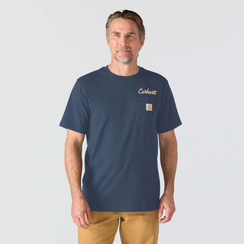 Navy Carhartt short-sleeve crew-neck T-shirt worn by a model, featuring a chest pocket with logo patch and script branding.