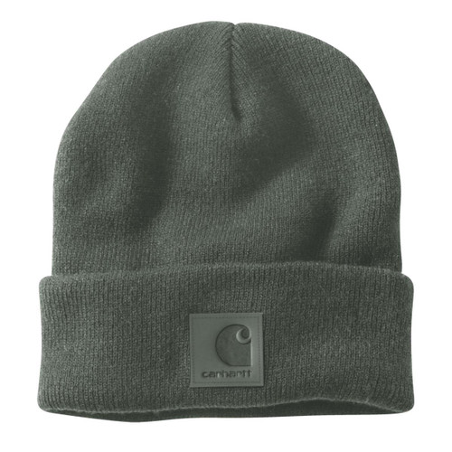 Dark green Carhartt knitted beanie hat with a folded cuff and tonal square logo patch on the front.