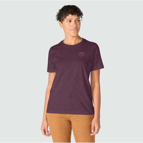 Women’s burgundy Carhartt short-sleeve T-shirt with a crew neck and subtle heart logo graphic on the chest.