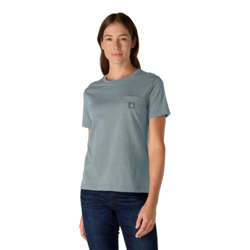 Women’s blue-grey Carhartt short-sleeve T-shirt with a crew neck, chest pocket and Carhartt logo patch.