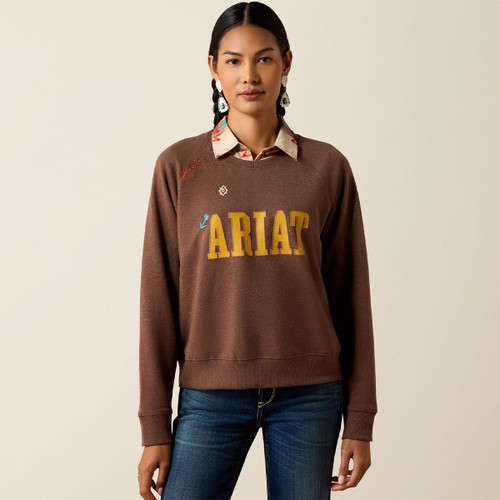 Model wearing a brown crewneck sweatshirt with large gold-tone ARIAT lettering and small Western-inspired graphic accents, layered over a printed collared shirt.