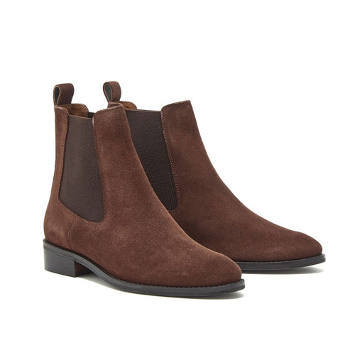 Pair of dark brown suede Chelsea boots with elastic side panels, low black heels, and rear pull tabs