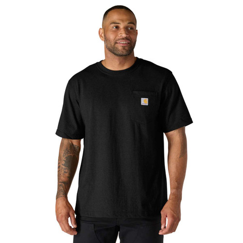 Man modelling a black Carhartt short-sleeve pocket T-shirt with logo patch on the chest pocket.