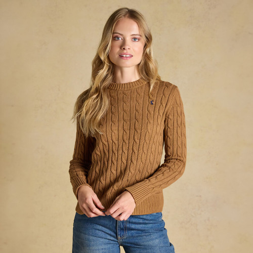 Front styling shot showcasing the timeless cable knit design and easy everyday fit.
