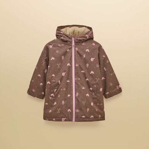 Front view showcasing the chocolate brown coverall, playful equestrian-inspired print, contrasting pink zip and cosy fleece-lined hood.