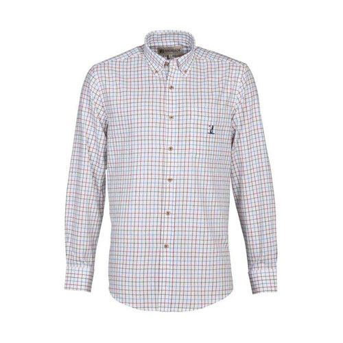 A long-sleeve, button-up shirt with a blue and red check pattern and a small logo on the left chest.