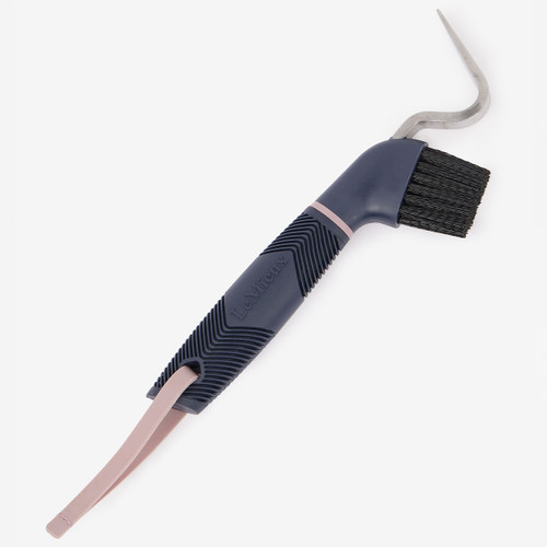 LeMieux navy and pink horse hoof pick with ergonomic grip, stiff cleaning brush and curved metal pick on a white background.